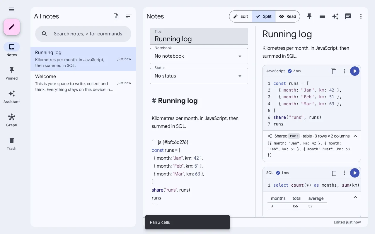 A Vellum page with a JavaScript cell that shares a table and a SQL cell that sums it, next to the page’s Markdown.