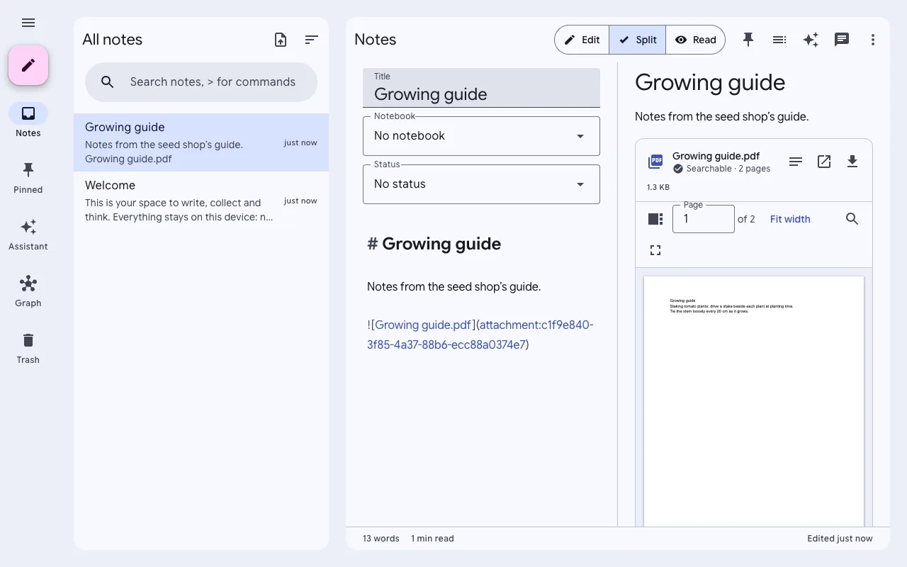 A PDF open in Vellum’s viewer inside a page, with page thumbnails and search.