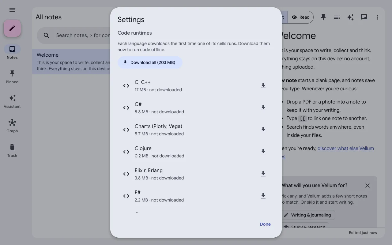 Vellum’s Settings, Code runtimes: download every language for offline use.