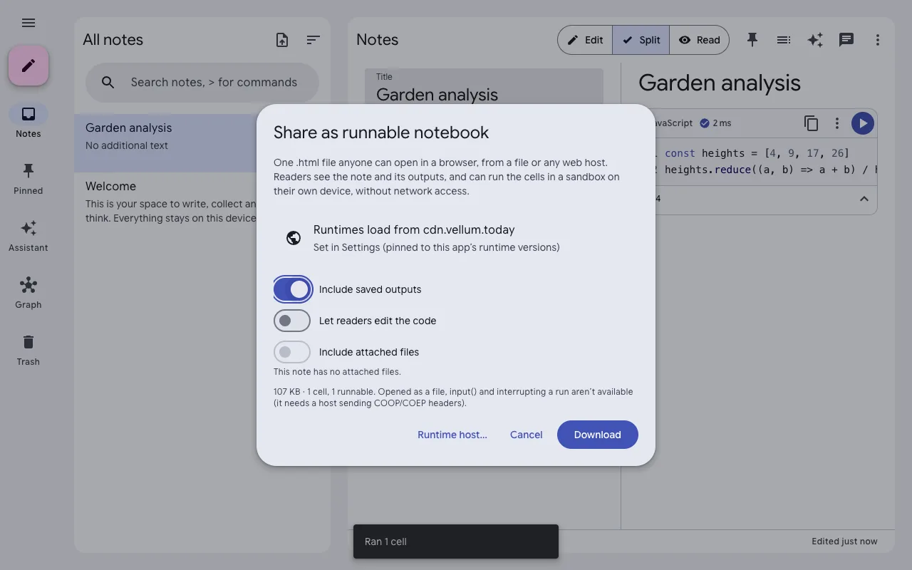 The “Share as runnable notebook” dialog in Vellum, with the option to include attached files.