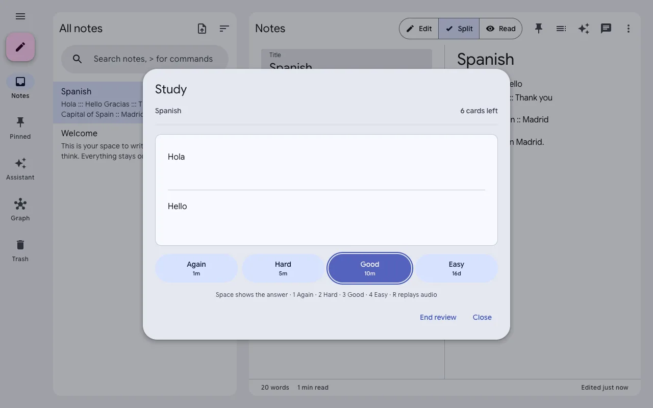 A Vellum review session: a flashcard’s question, its answer, and the Again, Hard, Good and Easy buttons with their next intervals.
