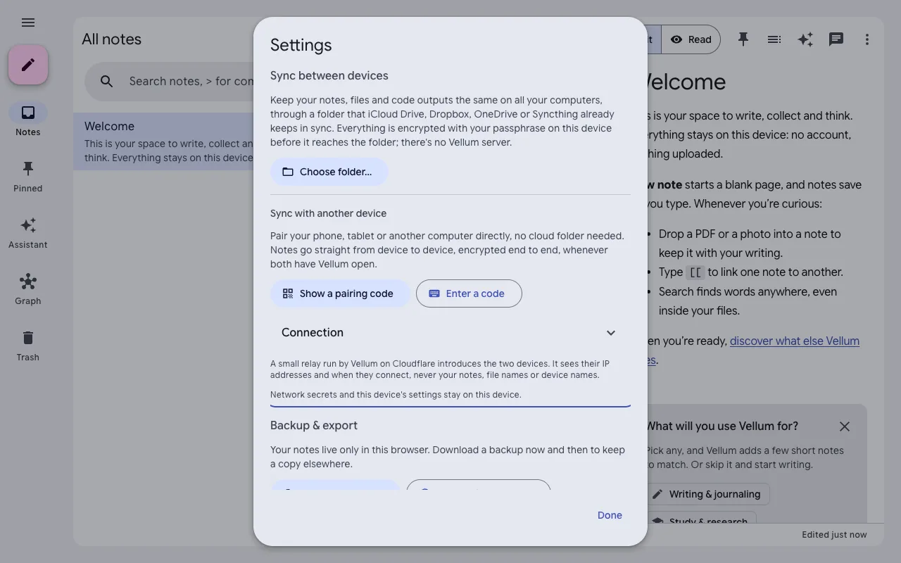 Vellum’s Settings, Sync between devices: choose a folder and a passphrase, or pair a device.